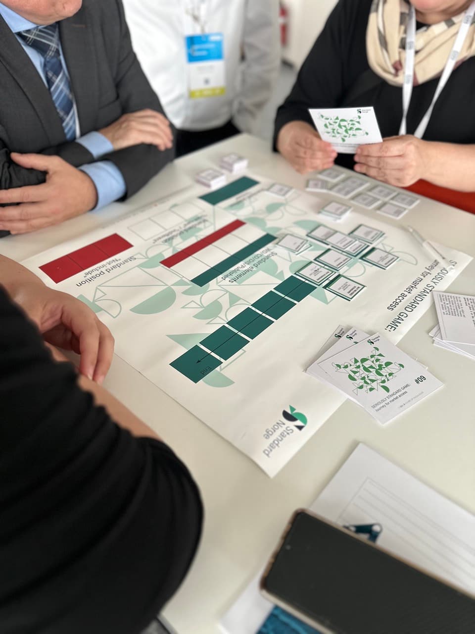 Group playing the Seriously Standard Game with cards and game board
