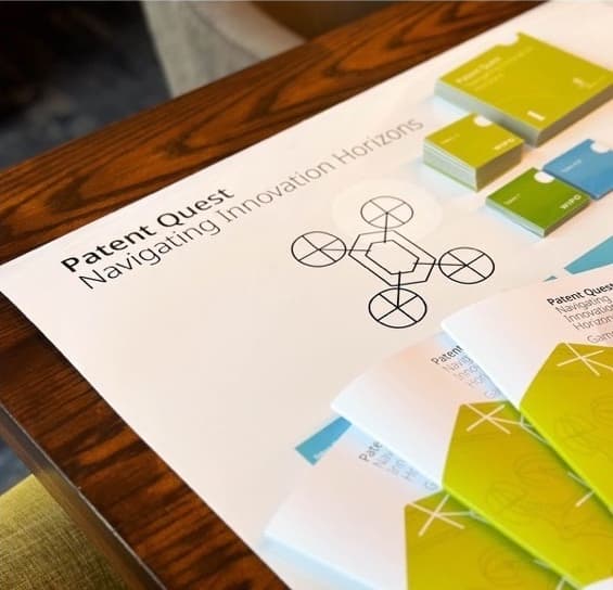 Close-up of the Patent Quest: Navigating Innovation Horizons game board and cards